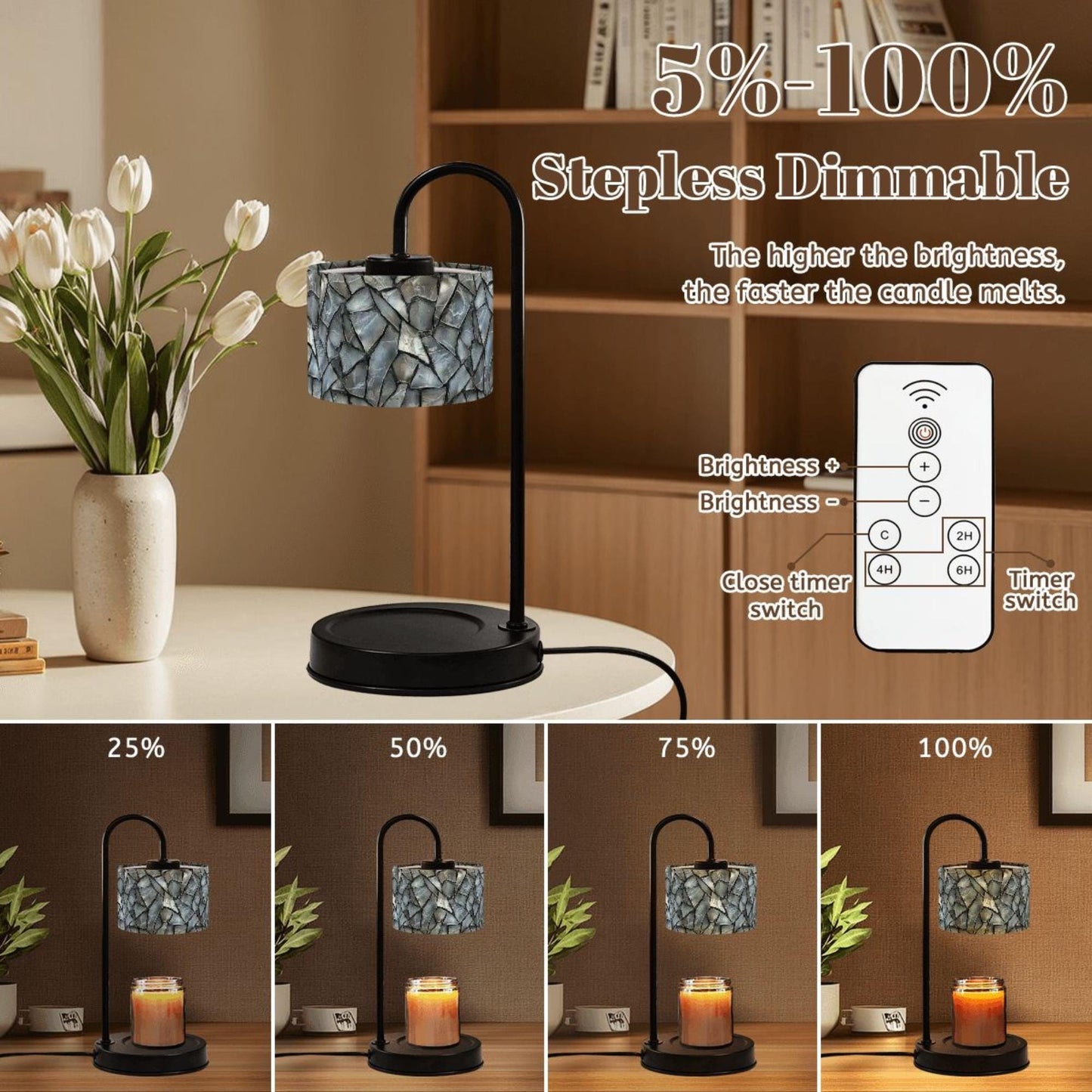 Faux Glass Candle Warmer Lamp with Linen Shade, Remote Control Candle Melter