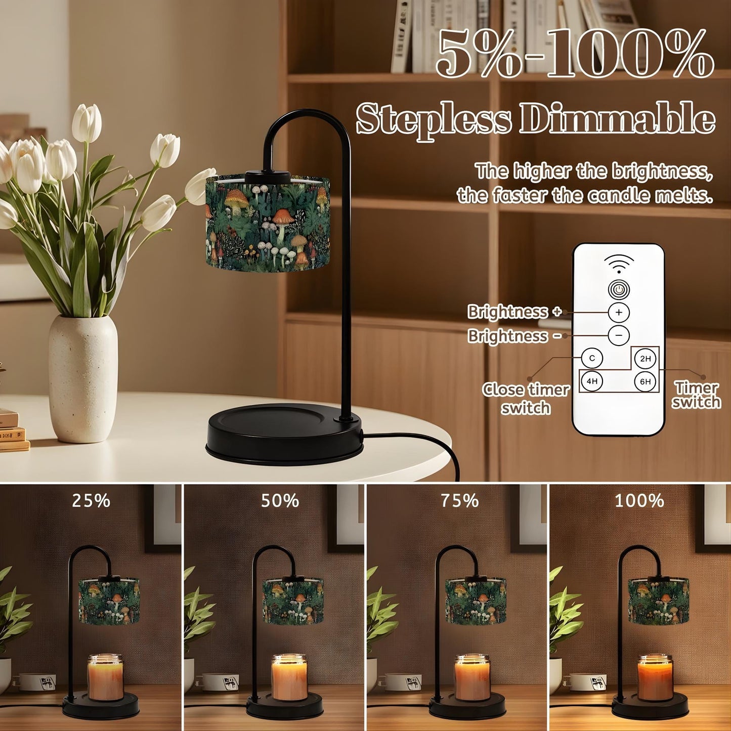 Candle Warmer Lamp, Botanical Linen Lampshade, Remote Control – Adjustable Heat, Timer & Brightness